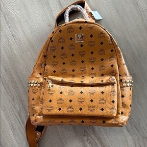 MCM look Tan Backpack with Logo and Studs
